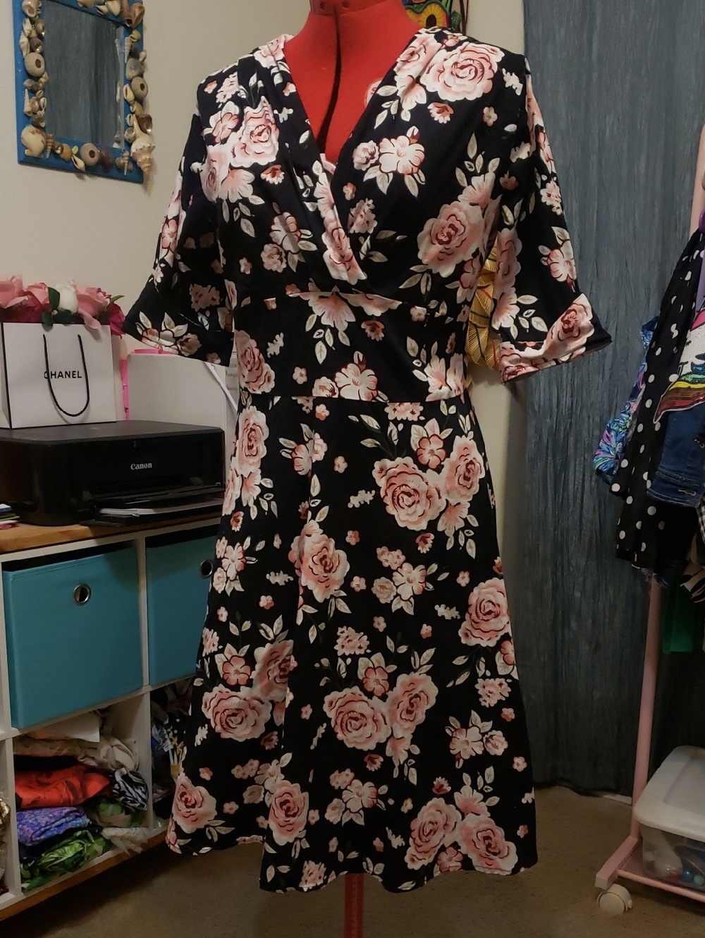 Floral Wrap-Style Black Dress with Pink Rose Print